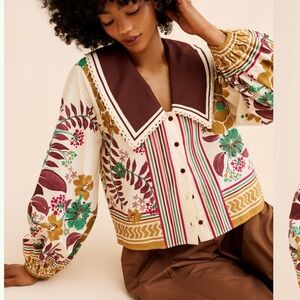 FARM Rio Cream Blouse with Burgundy Collar and Multicolor Floral Print
